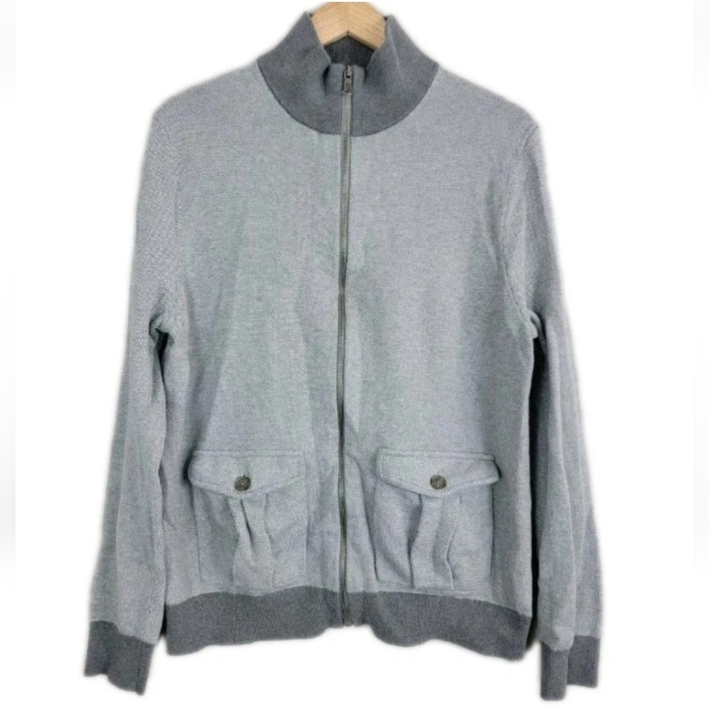Banana Republic Cardigan Sweater XL Two Tone Gray Bird's Eye Knit Mock Neck Zip